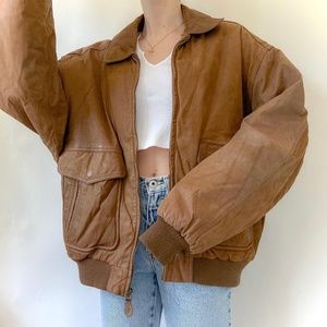 Vintage 80s/90s Chestnut Brown Collared Leather Aviator Bomber Jacket ✨